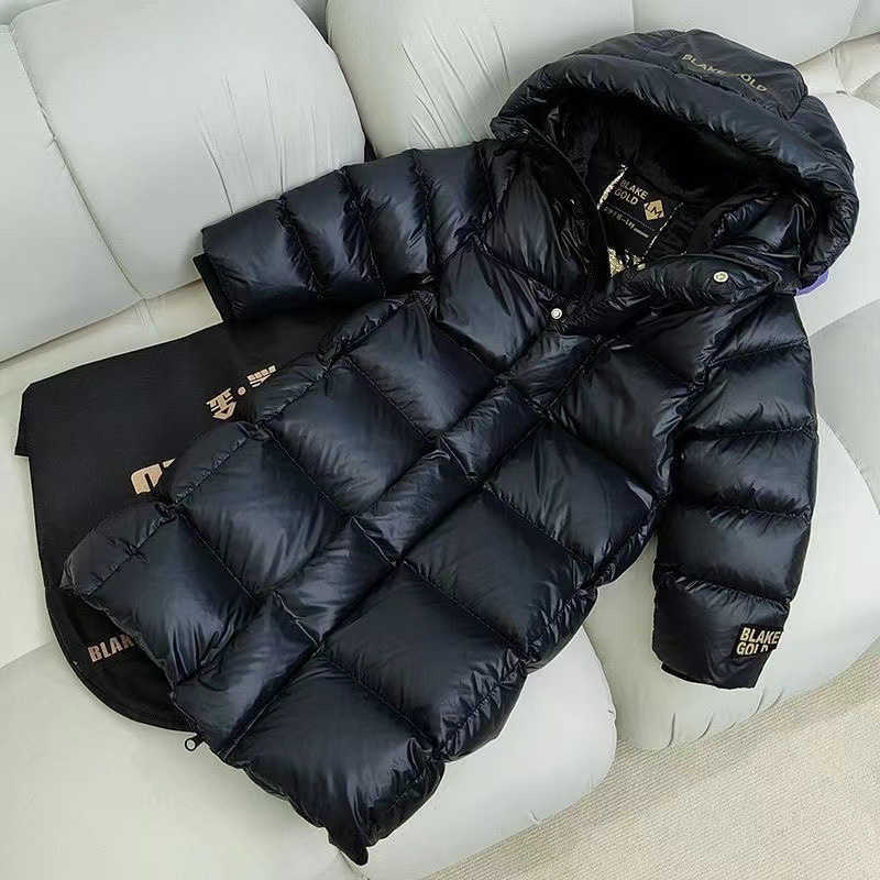 Children's black and gold mid-length down jacket, thickened anti-cold coat for boys and girls, knee-length for children.T251016