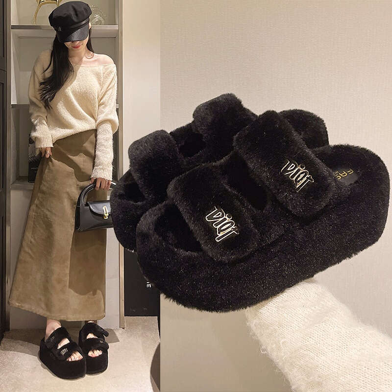 Internet Celebrity Magic Tape 8CM Thick Sole Furry for Women, Outdoor Wear, 2025 Autumn and Winter New Embroidered Letter Cotton Slippers