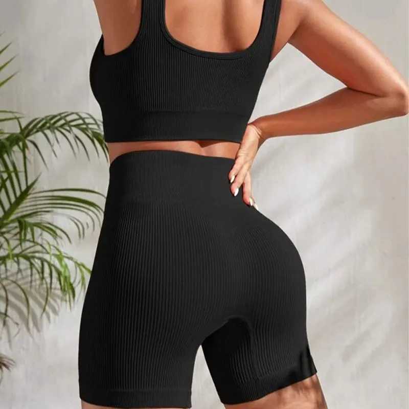 Womens 2-Piece Ribbed Seamless Breathable Sports Strap Vest High-Waisted Shorts Tracksuitt251219