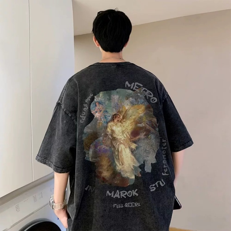 American Oversized Vintage Streetwear Hiphop T-Shirt, Summer INS Trendy Brand Graphic Hip-hop Street Short-Sleeve Tee for Men