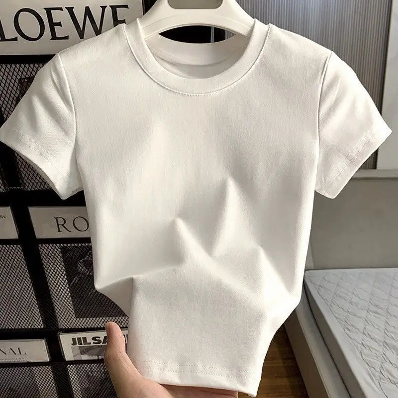 Spring Summer Short Sleeve T-Shirt Women Solid Simple Casual Soft All-Match Basic Slim Tops Tees Summer Fashion 2025 251219