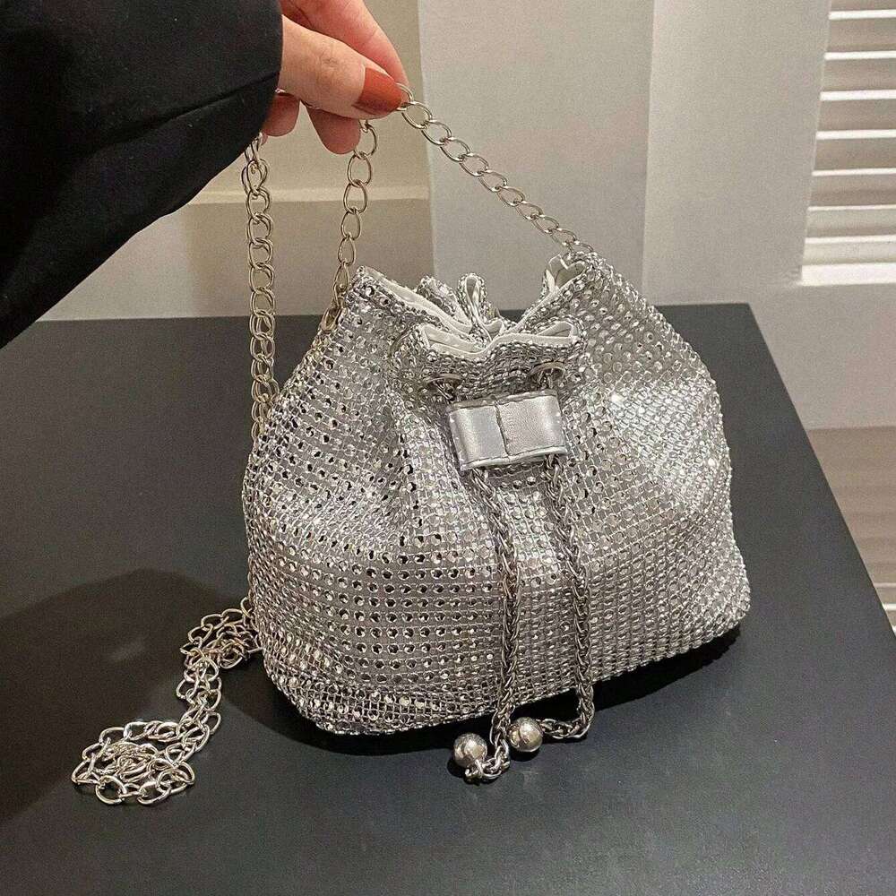 Sparkling Rhinestone Embellished Drawstring Crossbody Bag, Multi-Functional Bucket Purse, Formal Handbag For Women Daily Commute