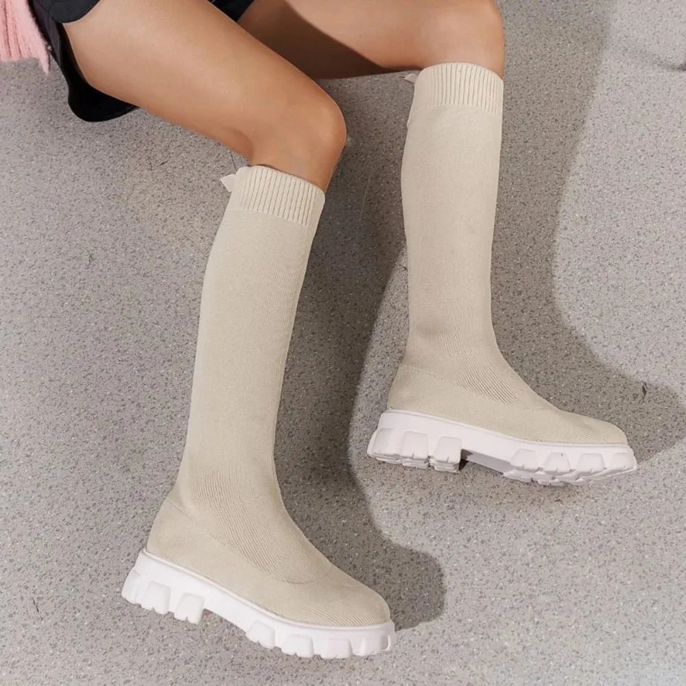 Knee Length Socks and Boots Womens Autumn and Winter One Step Elastic Slim Boots Thick Sole 43 Large Shoes for Womens 251219