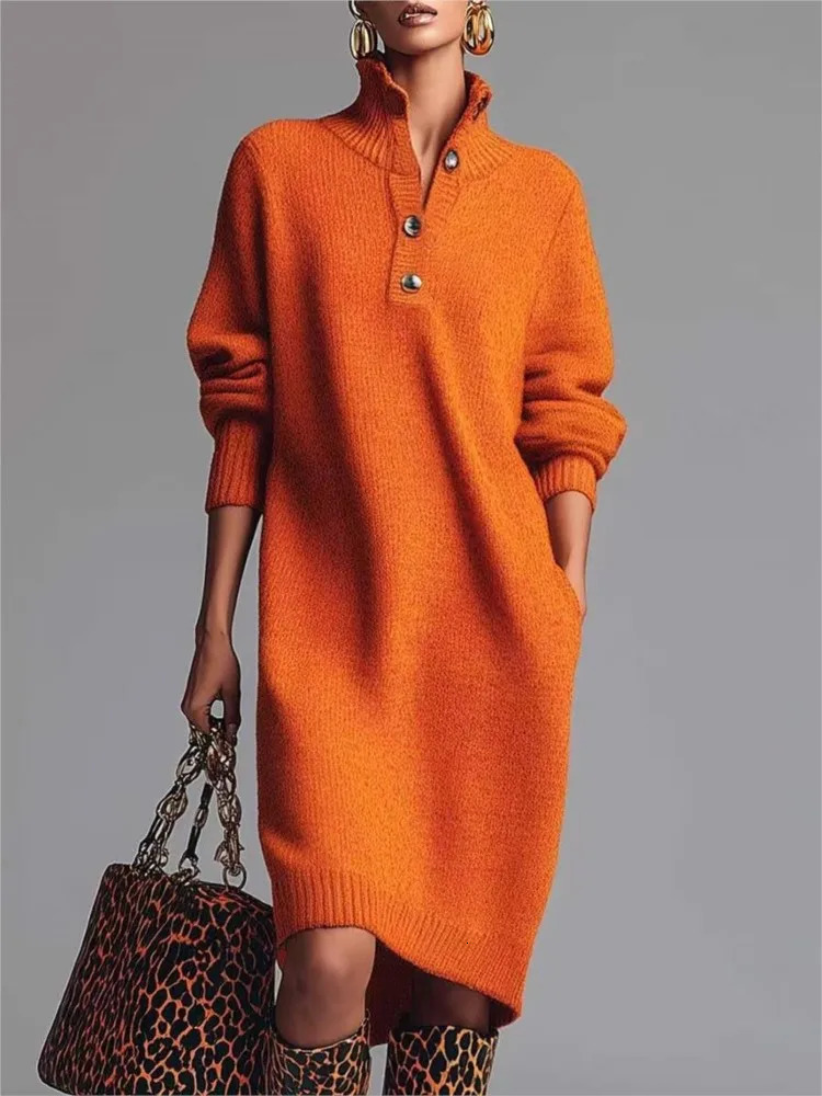 Solid Knitted Midi Dress For Woman Spring Fashion Button Halfopen High Neck Loose Dresses Ladies Autumn Leisure Warm Vestidos 251217