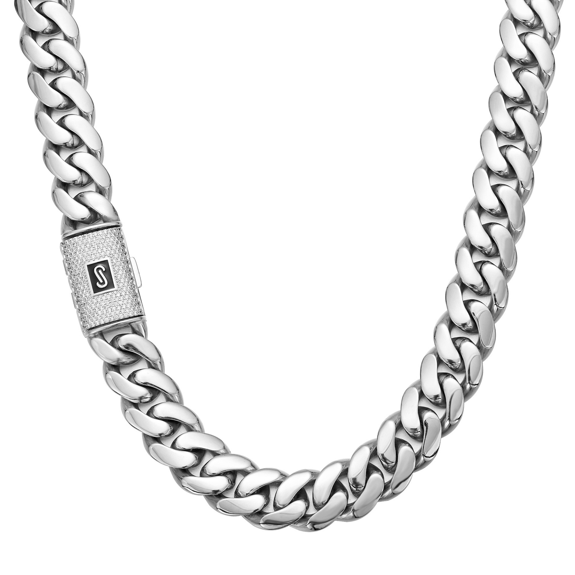 14mm Hip Hop Stainless Steel Cuban Chain Necklace Bracelet S Mark Full 5A Zircons Brass Clasp Jewelry Silver Color