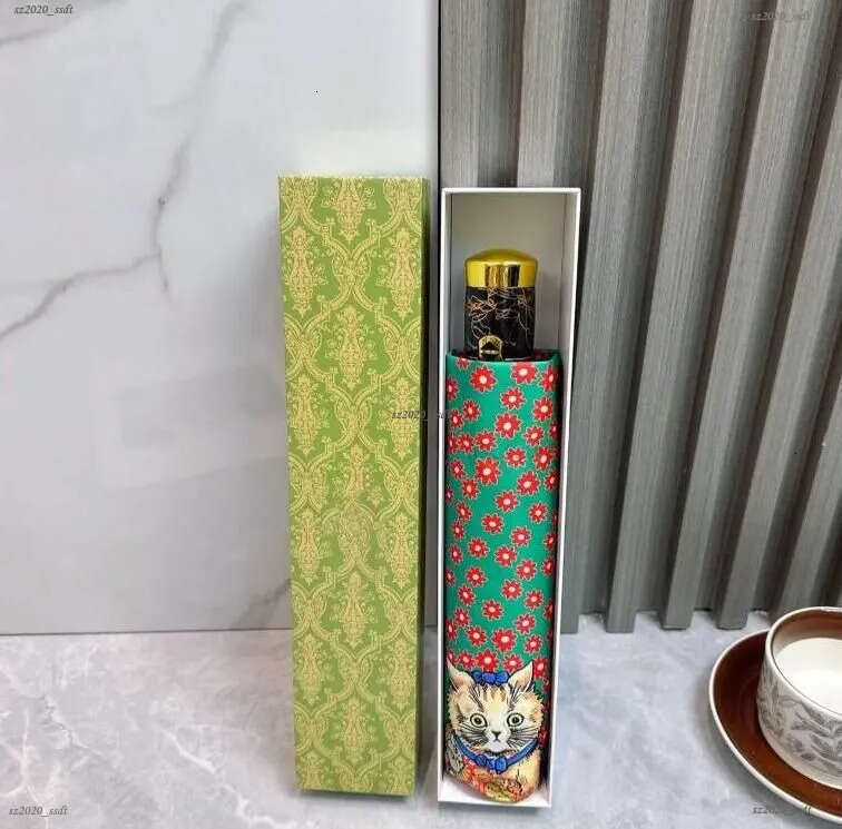 Classic Fashion 3D Cat Pattern G Letter Logo UV Umbrella New Luxury Retro Outdoor Folding Umbrella Automatic Five Fold Sun Umbrella Dual purpose Umbrella Dust Box