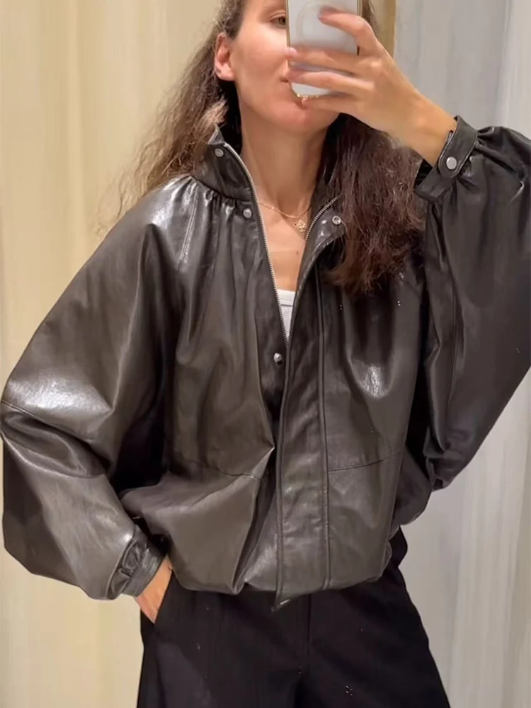 Women Vintage PU Leather Bomber Jackets Autumn Zipper Stand Collar Long Sleeve Pocket Coat Casual Ladies Loose Streetwear 251205