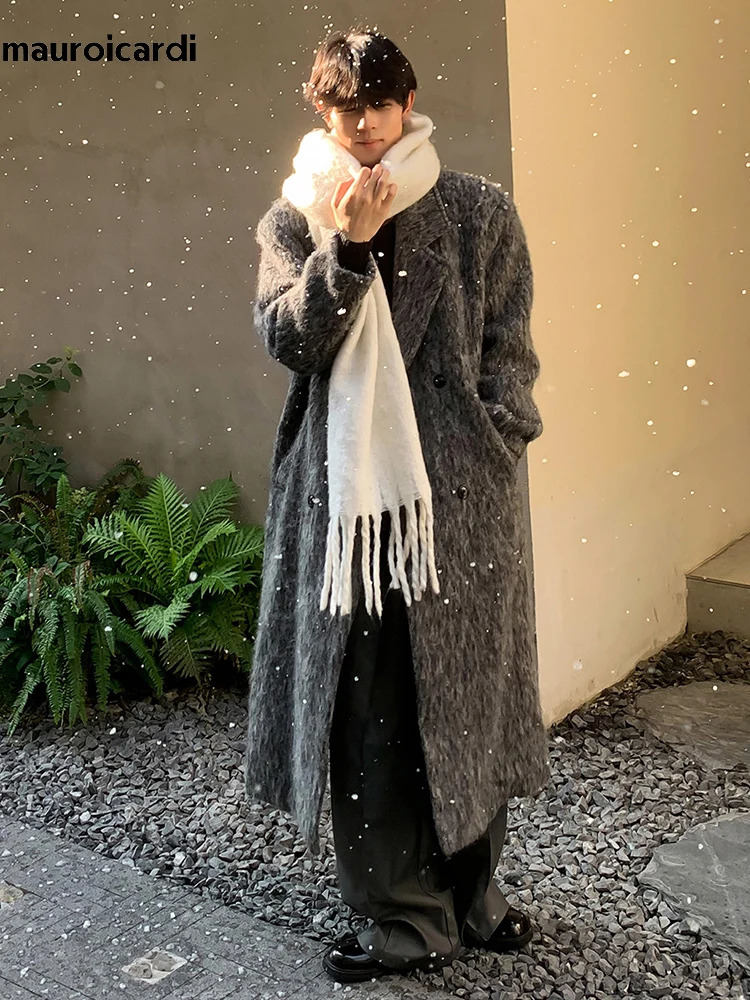 Mauroicardi Autumn Winter Oversized Long Thicken Warm Grey Woolen Coat Men Shoulder Pads Double Breasted Wool Blends Overcoat 251219