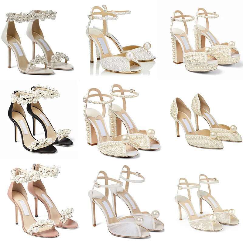 White Pearls Embellishment Leather Ankle Strap Peep Toe Women Dress Shoes Stiletto Heel Platform Bridal Wedding Party Designer Lady Pumps With Box