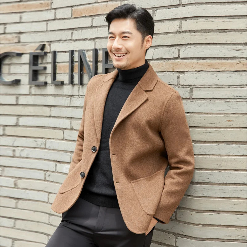 100 Pure Wool DoubleSided Coat for Men Slim Fit Slimming Suit Jacket Solid Color Lapel Simple Cardigan 251219