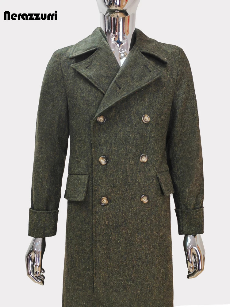 Nerazzurri Autumn Winter Long Elegant Chic Thick Warm Woolen Polo Coat for Men Double Breasted Wool blends Overcoat 251219