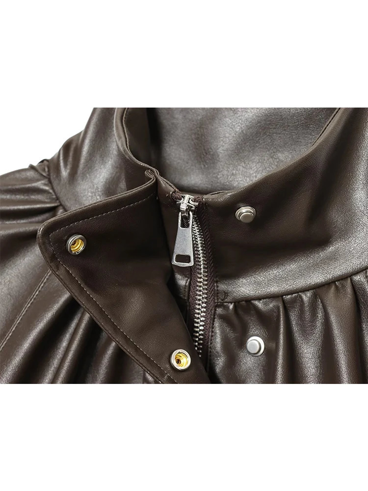 Women Vintage PU Leather Bomber Jackets Autumn Zipper Stand Collar Long Sleeve Pocket Coat Casual Ladies Loose Streetwear 251205