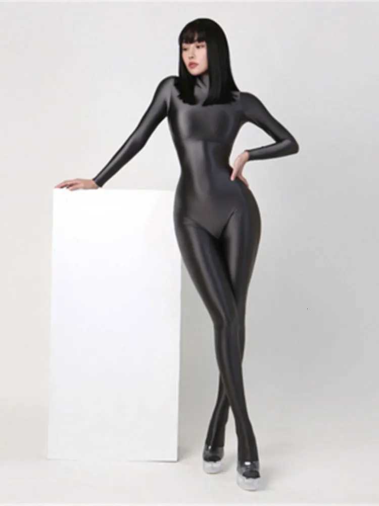 Women Oily Glossy Long Sleeve Elastic Bodysuit Bodycon Rompers One-piece Swimsuit Silky Tights Satin Pantyhose Jumpsuits Thongt251219