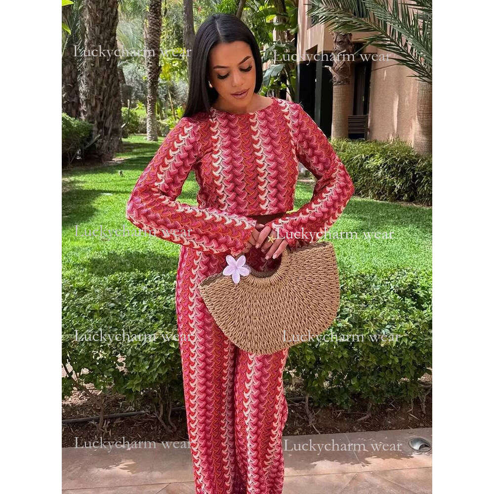 Crochet Knitting Pant Sets 2 For Woman Outfits 2025 New Fashion Long Sleeve Top Women's Suit Casual Two Pieces Set