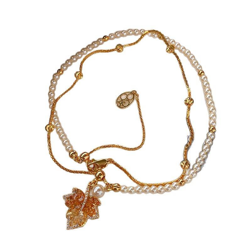 Real Gold Plated Silver Needle Zircon Crystal Maple Leaf Earrings Necklace Set Daily Versatile Collarbone Chain Light Luxury High-End Feel - view 5