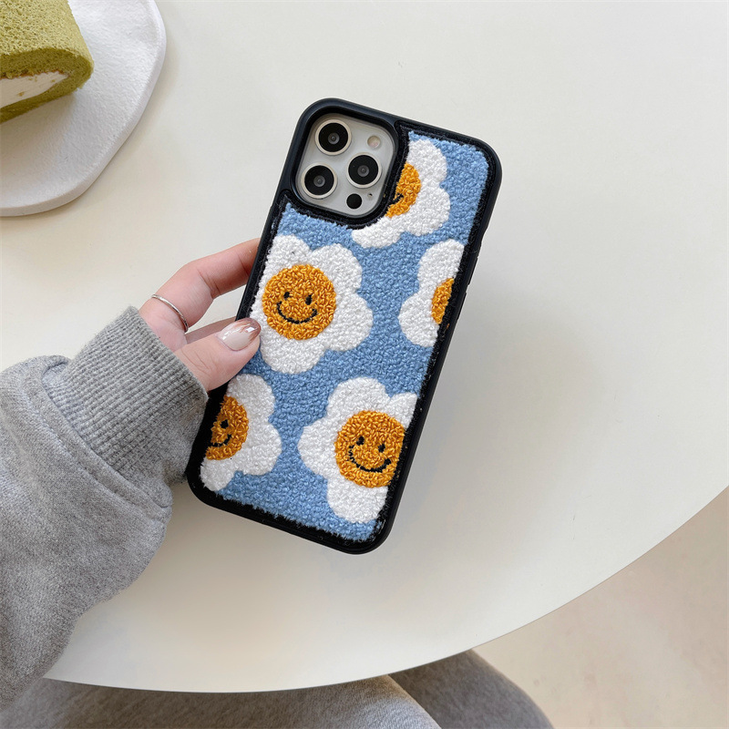 Embroidered Smiley Flower Case for iPhone 16 Pro Max Apple 17 Plush Sunflower 15 Autumn Winter