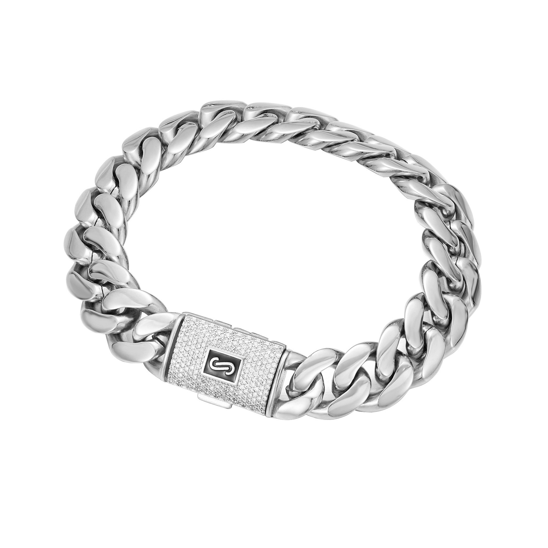 14mm Hip Hop Stainless Steel Cuban Chain Necklace Bracelet S Mark Full 5A Zircons Brass Clasp Jewelry Silver Color