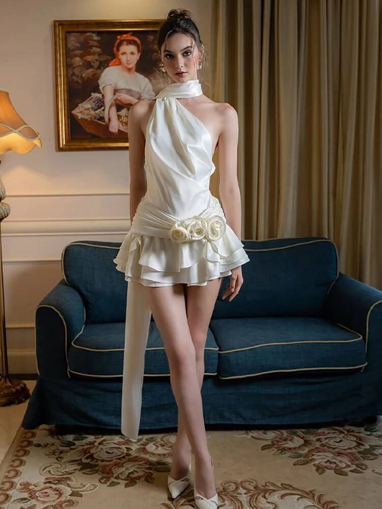 Fantoye Satin Sexy Backless 3D Flowers Women White Halter A-line Dress Female Spring Slim Elegant Party Clubwear Vestidos dongdumaoyi