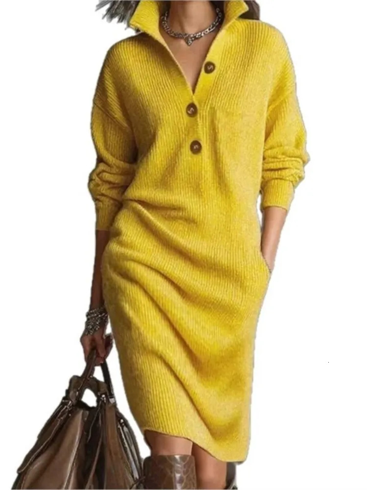 Solid Knitted Midi Dress For Woman Spring Fashion Button Halfopen High Neck Loose Dresses Ladies Autumn Leisure Warm Vestidos 251217