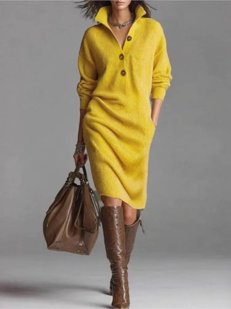 Solid Knitted Midi Dress For Woman Spring Fashion Button Halfopen High Neck Loose Dresses Ladies Autumn Leisure Warm Vestidos 251217