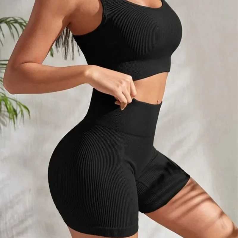 Womens 2-Piece Ribbed Seamless Breathable Sports Strap Vest High-Waisted Shorts Tracksuitt251219