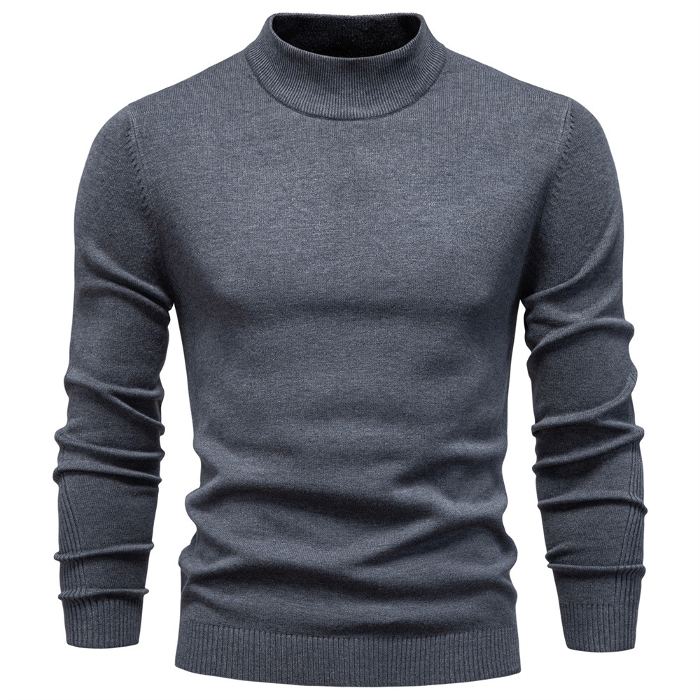 WOZK Autumn and winter new casual men's solid color pullover sweater semi high neck knitted sweater casual men's inner top thicken