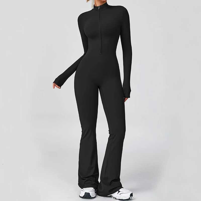 VITALINOVO Women Long Sleeve Flare Workout Jumpsuit Zip Up Romper Bottom Pants Wide Leg Full Length Bodysuit Bodycon One Piecet251219