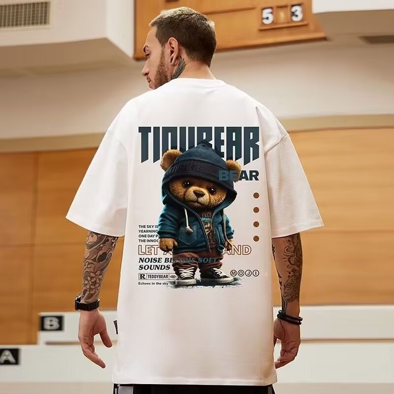 Oversized American Trendy Brand Big Size Loose Bear Print Cotton Men's Short-Sleeve T-Shirt, Summer Fashion Tee