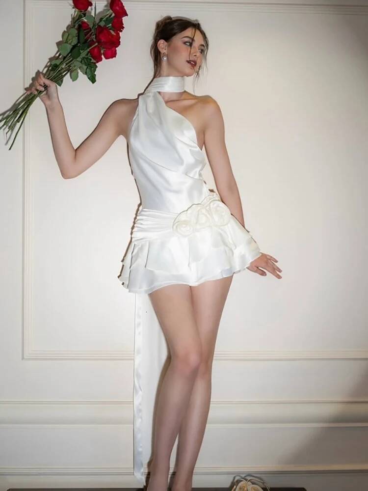 Fantoye Satin Sexy Backless 3D Flowers Women White Halter A-line Dress Female Spring Slim Elegant Party Clubwear Vestidos dongdumaoyi