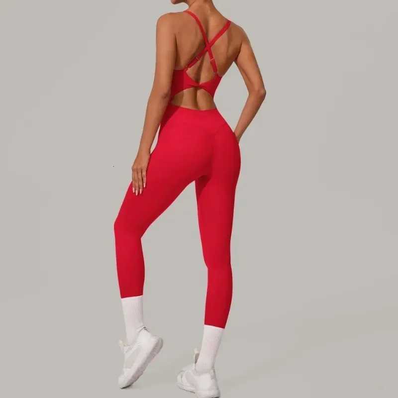 Womens Seamless Yoga Jumpsuit Heart-Shape Collar Adjustable Buckle Cross Waist High Waisted Butt Lifting Tight Workout Bodysuitt251219