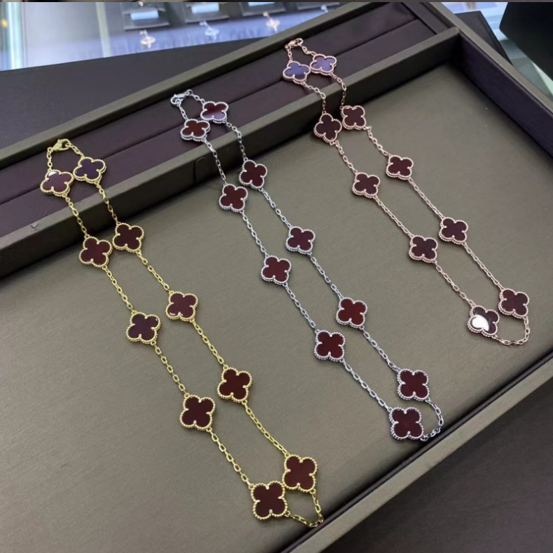 Ten-flower necklace, lucky four-leaf clover 10-flower necklace, collarbone chain S925, silver mother-of-pearl necklace, agate