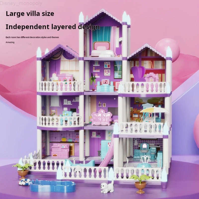 Disney DIY Princess Castle Luminous Villa Set Girls Toy Doll House Children Play Model Play House Toys for Kids Girls Christmas Gifts H251219