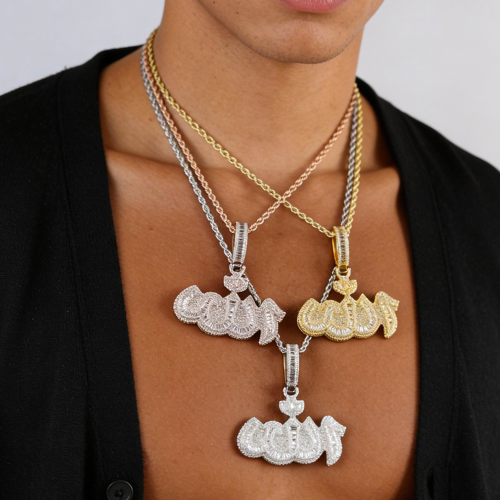 2025 New Arrivals Iced Out Arabic Calligraphy Fashion Pendant Necklace Bling Zircon Jewelry for Men Women Party Gift