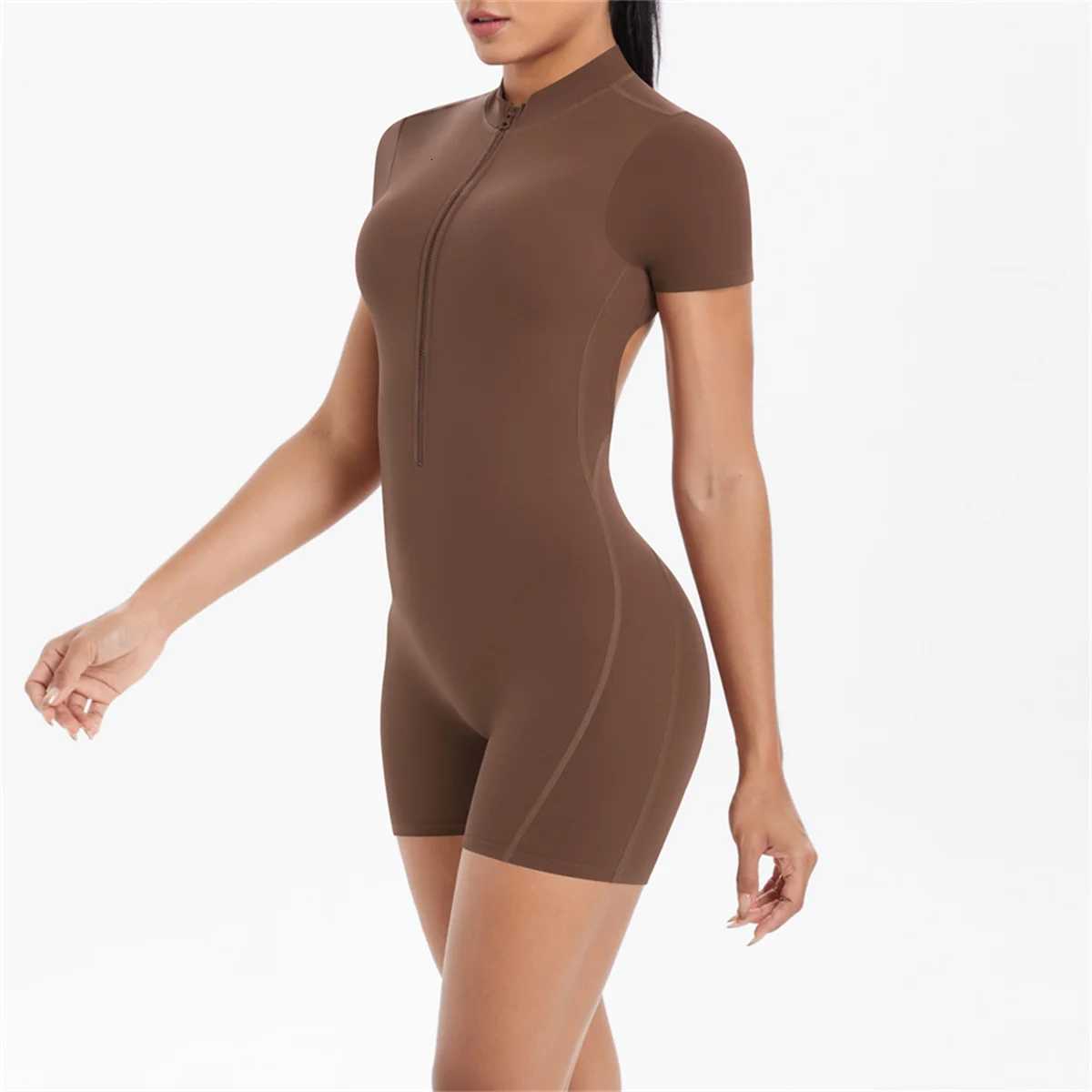 Pad Yoga Set One-Piece Short Sleeve Jumpsuits Women Legging Zipper Sport Shorts Rompers Ladies Fitness Active Bodysuits XP51t251219