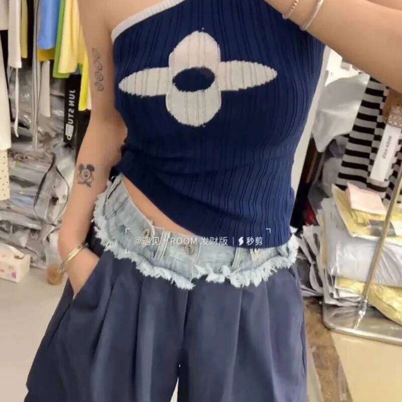 New Patchwork Skew Collar Knitting Camisole Female Summer Fashion Slim Floral Sleeveless T-Shirts Women Clothes Top Tee