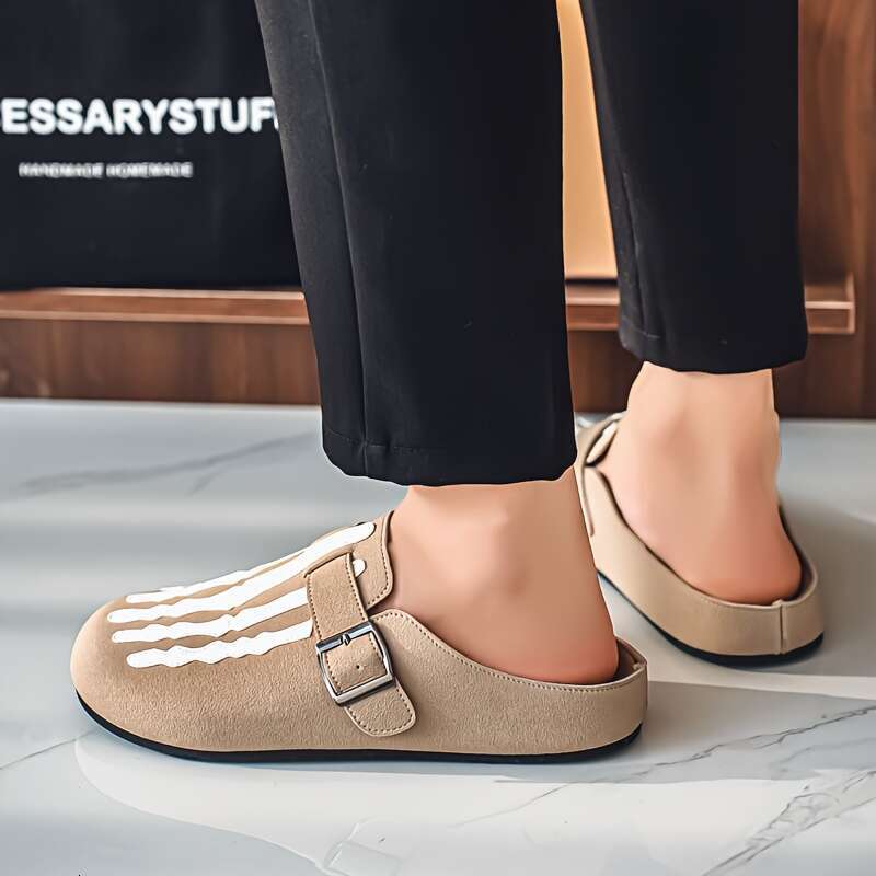 Dawsri Men's Slip-On Sandals Beige/White Skeletal Footbone, Secure Buckle Strap, Cushioned EVA Insole Non-Slip Rubber Sole All-Season Casual & Fo