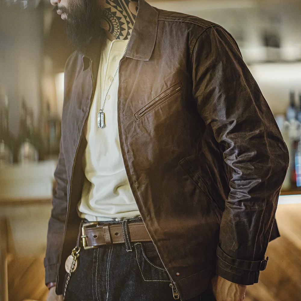 Maden Mens Vintage IV Oil Waxed Canvas Jacket Lapel Zipper Short Outerwear Classic Slim Fit for Spring and Fall 251219