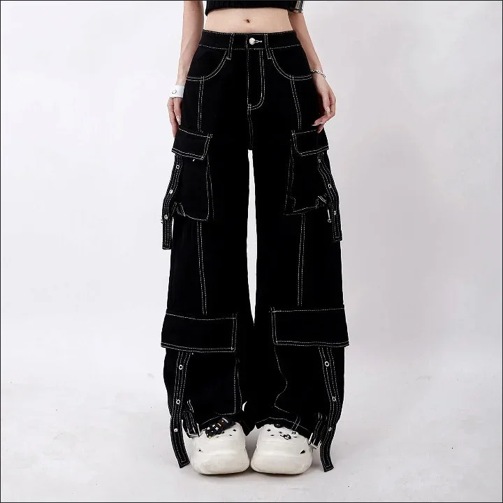 American Retro Street Cargo Jeans Autumn Women High Waist Y2K Streetwear Wide Leg Denim Pants Vintage Baggy Trousers Z260314