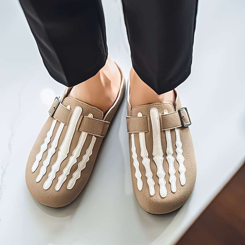 Dawsri Men's Slip-On Sandals Beige/White Skeletal Footbone, Secure Buckle Strap, Cushioned EVA Insole Non-Slip Rubber Sole All-Season Casual & Fo