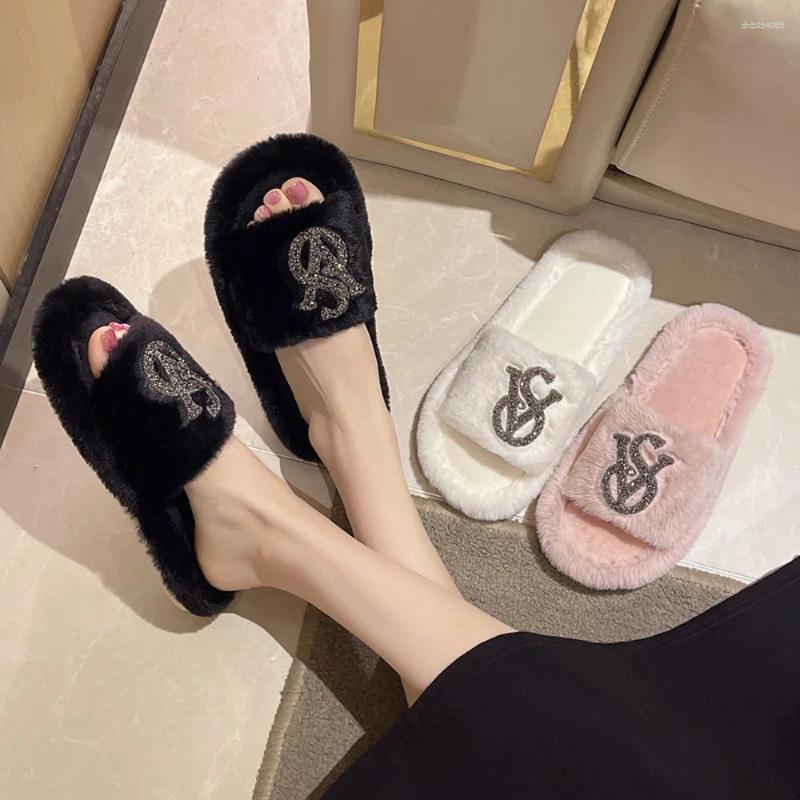 Slippers plush Cotton Shoes Flip Flops Sandals hotfix rhinestone Fashion Anti-Slip Female Slides Women Furry Fluffy Faux Fur Warm Indoor Sliders