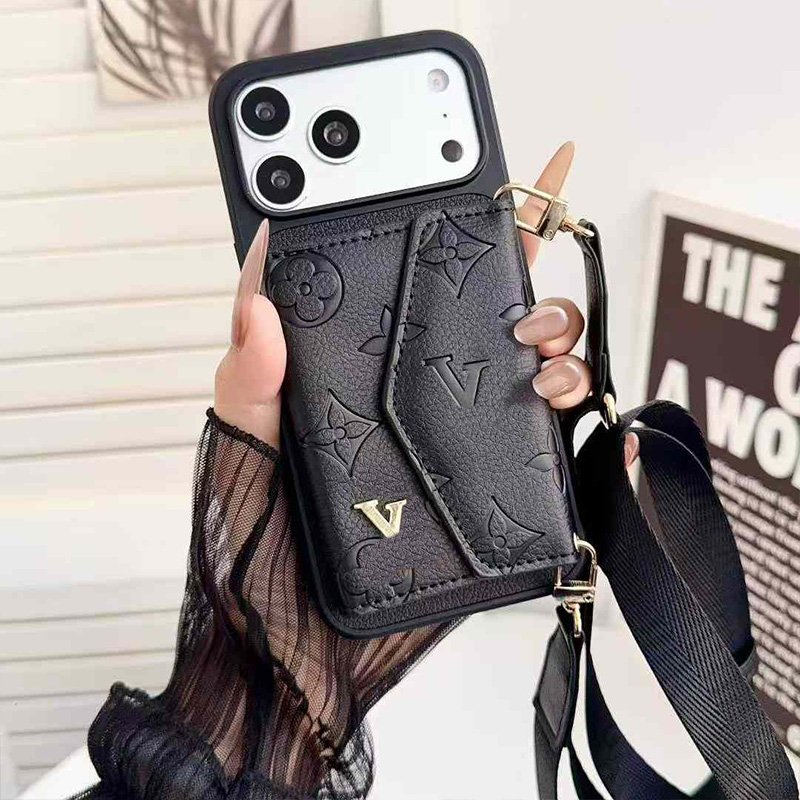 iphone 17 pro max case Phone Case Designer Leather printing Metal letters iPhone 17-11 Pro Max Wallet Case - Genuine Leather Card Holder with Crossbody Strap & Lanyard