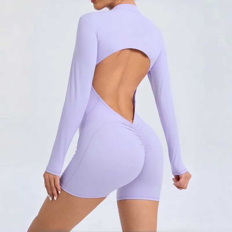 Womens Nude Yoga Suit with Hollowed Out Peach Buttocks and Half Open Zipper Jumpsuit Sports Quick Drying Fitness Suitt251219