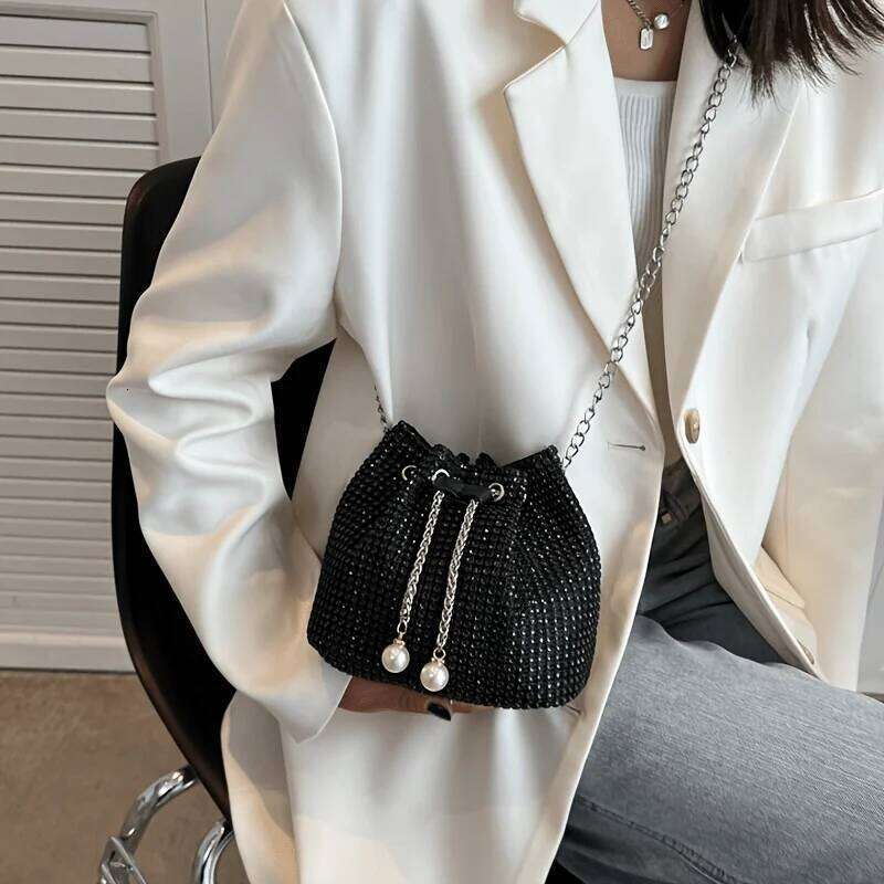 Sparkling Rhinestone Embellished Drawstring Crossbody Bag, Multi-Functional Bucket Purse, Formal Handbag For Women Daily Commute