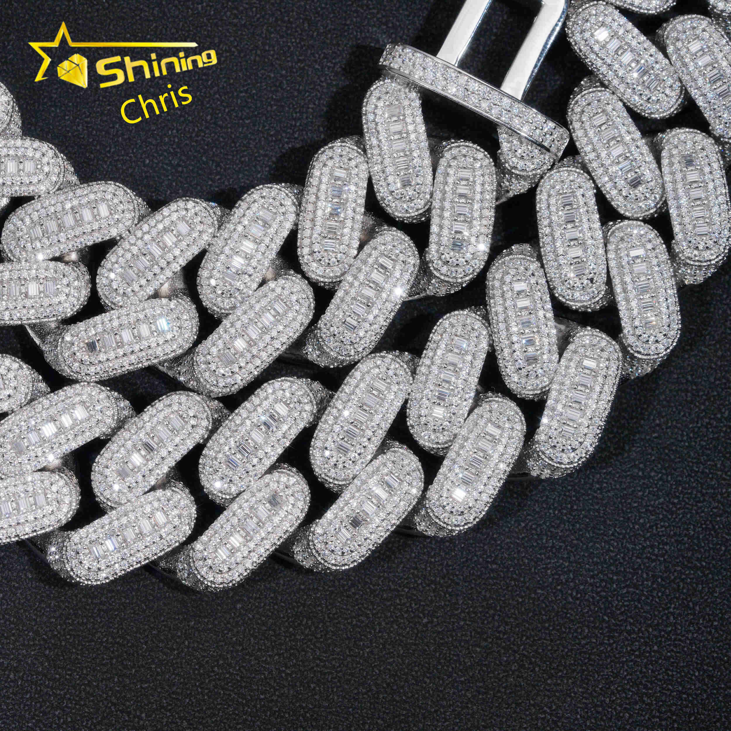 Luxury Rappers 25MM Heavy Iced Out Chain Emerald Cut Moissanite White Gold Plated Cuban Link Chain Mens Hip Hop Miami Chain