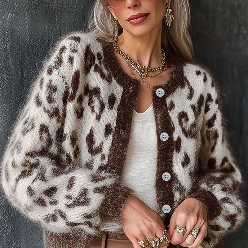 Women's leopard print sweater for autumn and winter, round neck, long sleeves, cardigan, leopard print jacquard. AMX006