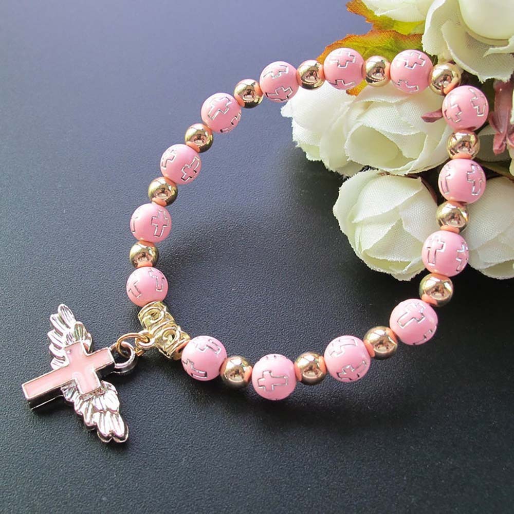 Hot Selling Gold Stamping Acrylic Cross Bead Bracelet Oil Drop Angel Cross Rosary Bracelet