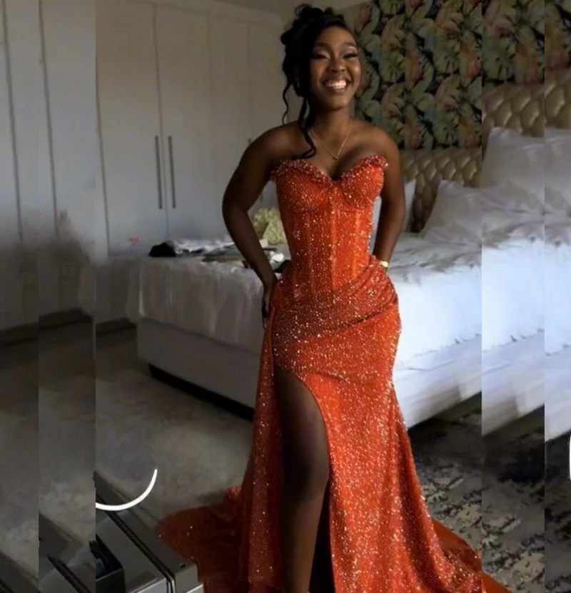 Sparkle Orange Sequined High Split Evening Dresses Mermaid Sweetheart Backless Dinner Dress African Girls 2026 Formal Party Dress Customized D19