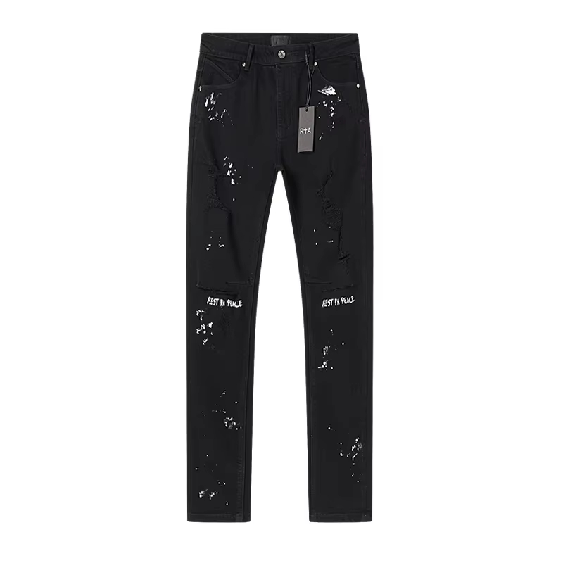 New Harajuku Streetwear Washed Hole Jeans for Men Straight Distressed Painted Loose Pencil Pants Ripped Hip Hop Denim Trouser
