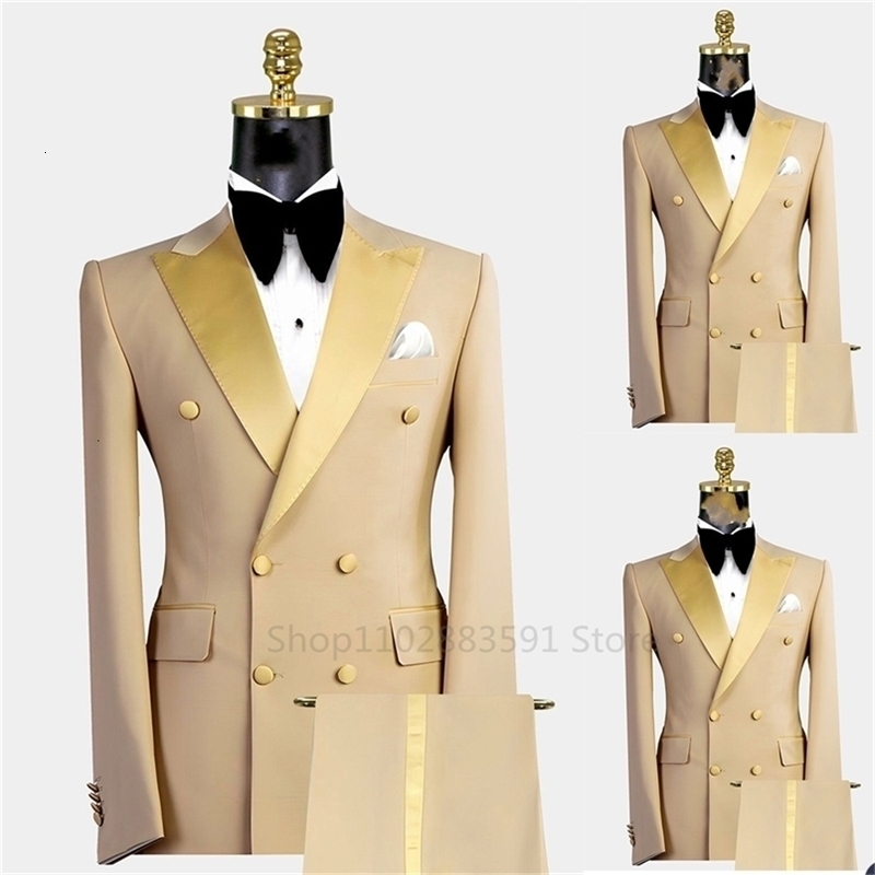 Mens Suit Double breasted Tuxedos Formal Slim Fit Notch Lapel Party Solid Groom Khaki Suits For Wedding 2 PiecesBlazerPants 251203CJ