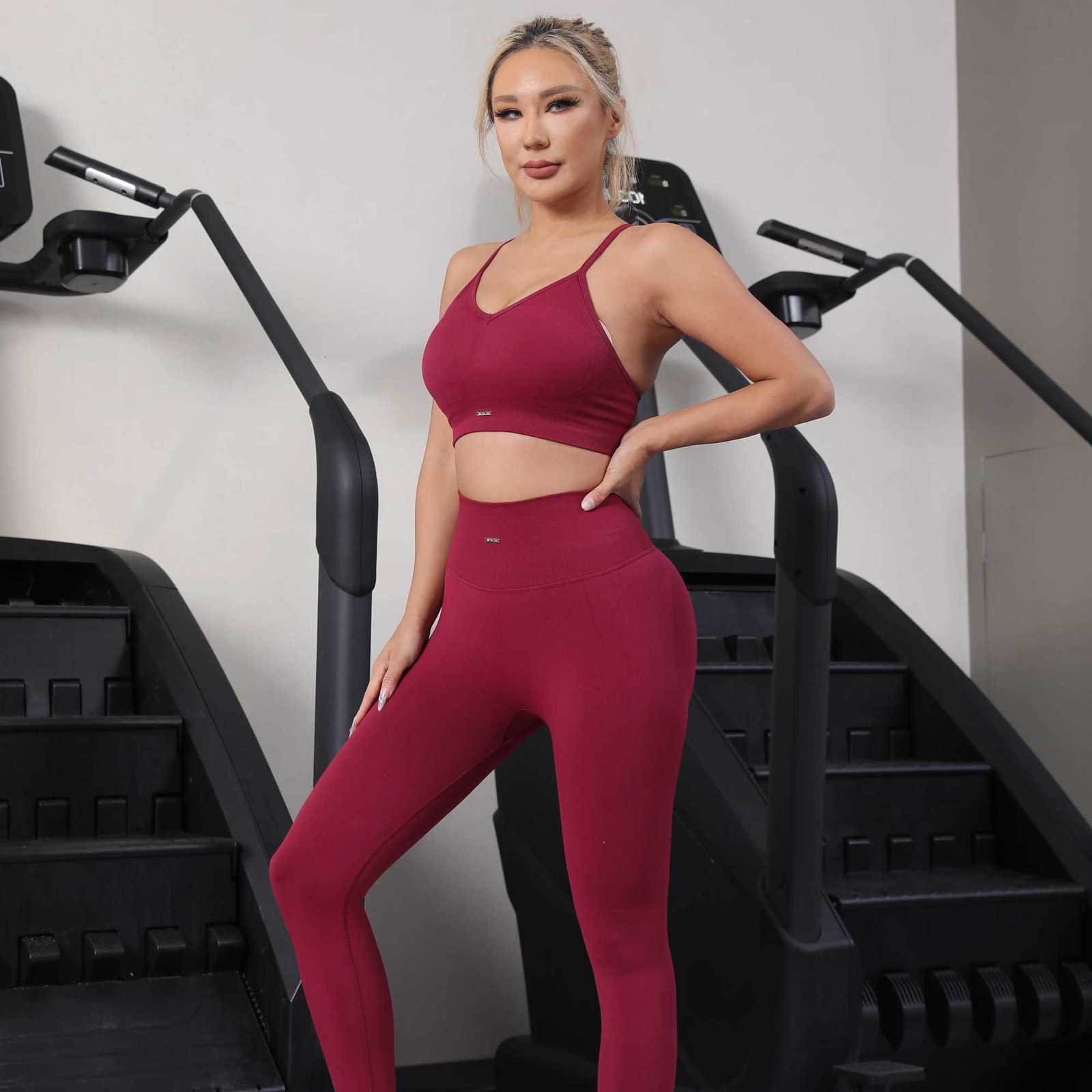 2PCS Womens Seamless Yoga Set Strappy Sports Bra with Pads High Waisted Leggings Workout Outfit Quick Dry Gym Suitt251219